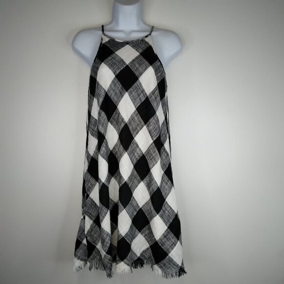 Cloth & Stone White Black Checker Gingham Mini Frayed Hem Halter Dress XS - Picture 2 of 13